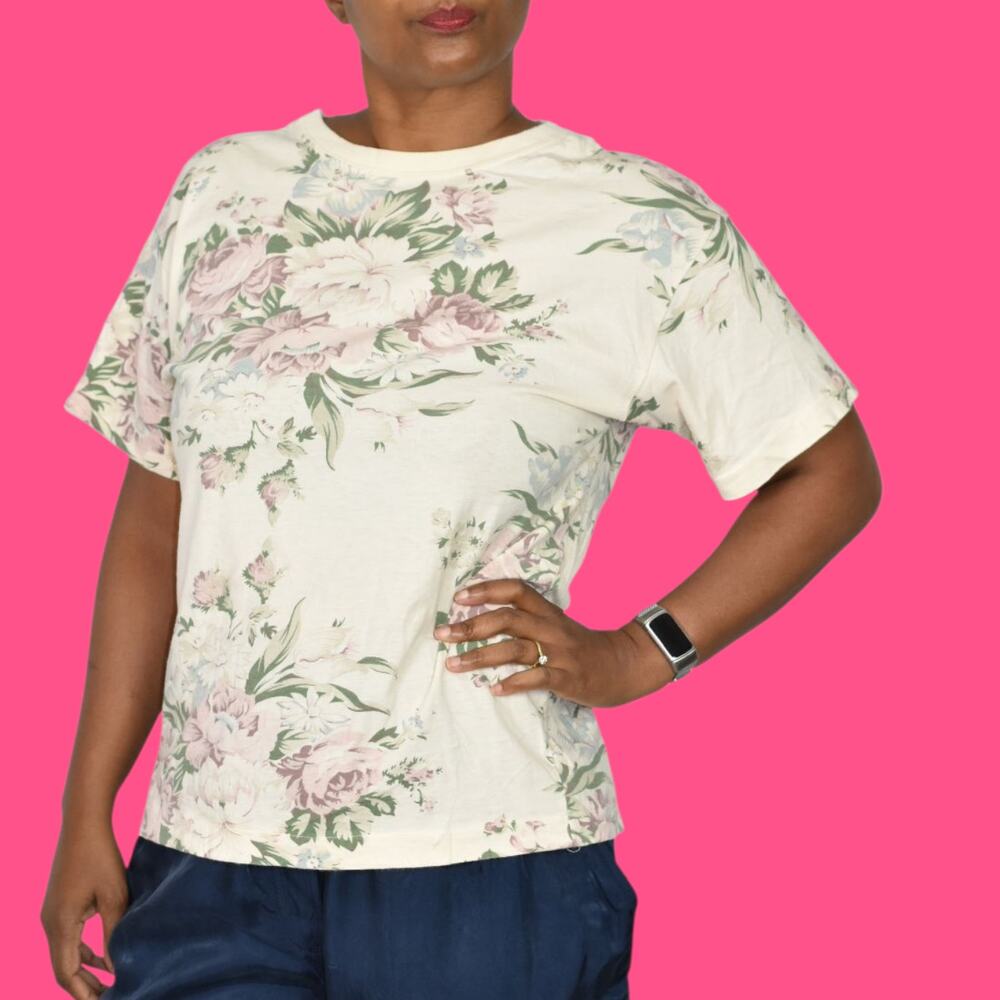 Vintage Banana Republic T Shirt Pink Floral Pastel 80s Single Stitch Tee Small